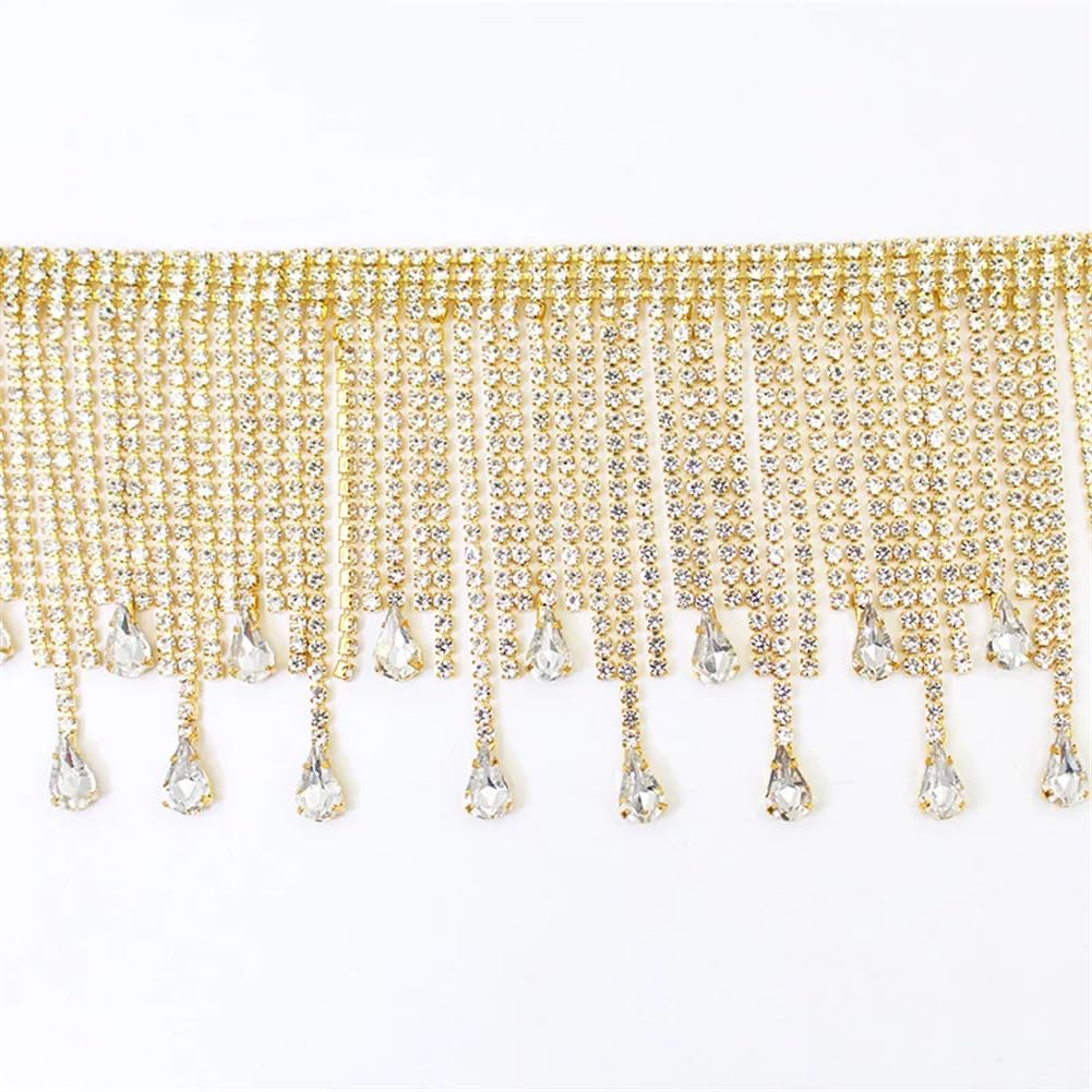 Garniture en verre cristal brillant et franges strass AB dorées pour haute couture