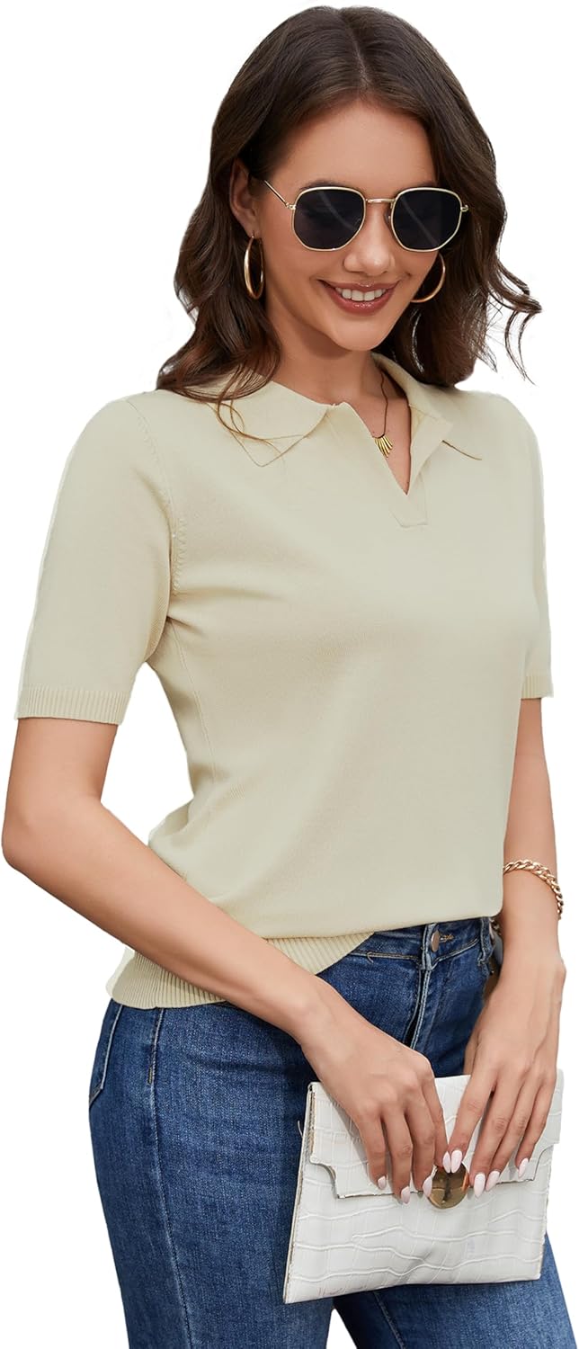 Neineiwu Womens Short Sleeve Sweater Casual Knit Lightweight Spring Top V Neck Soft Business Pullover Shirt - Image 5