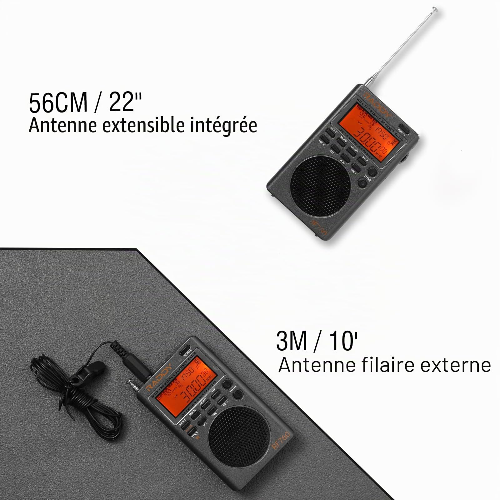 Raddy RF760 Radio numérique Large Bande à Ondes Courtes FM/AM/SW/CB/VHF(UHF)/WX/air Rechargeable avec Prise Casque, antenne Filaire de 3 m