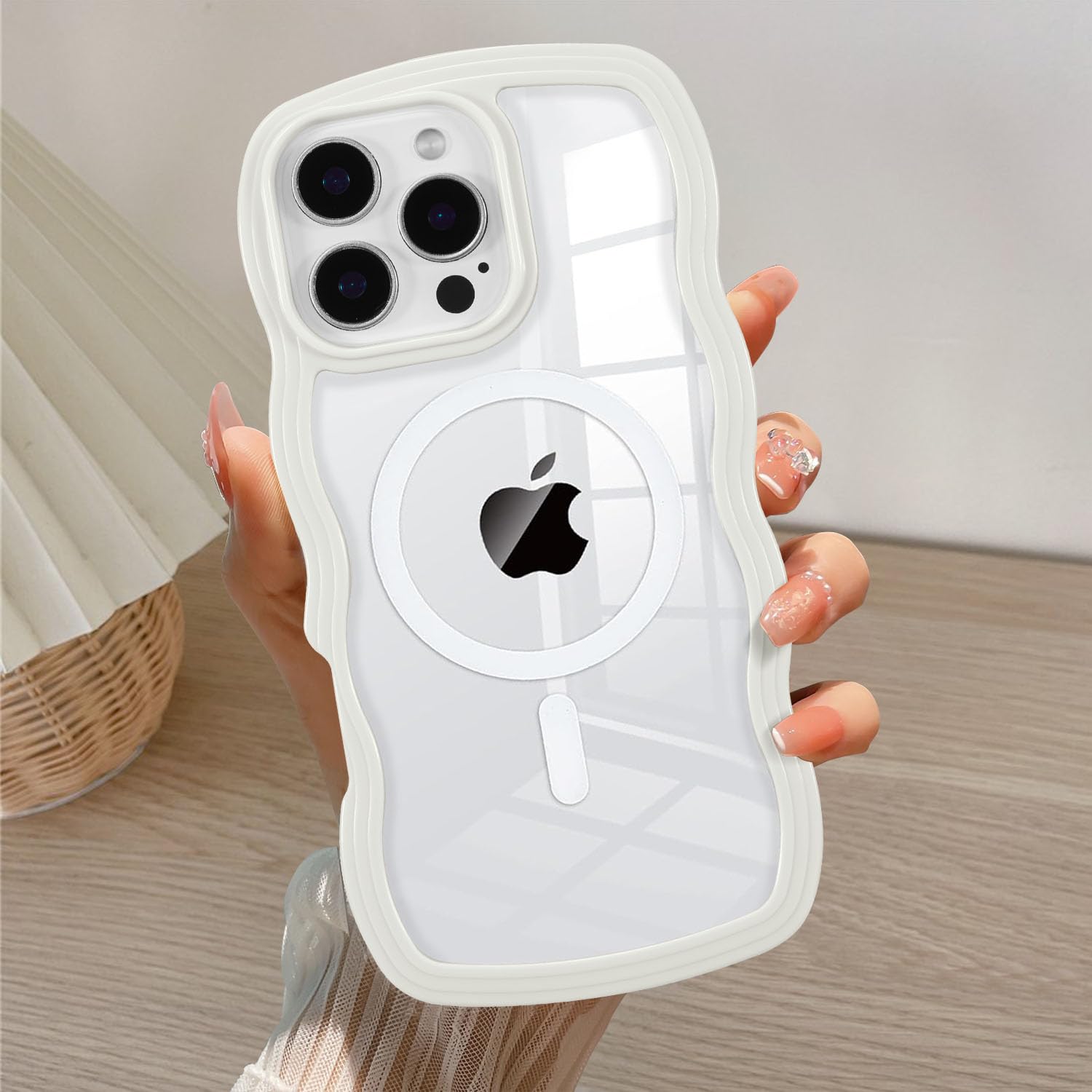 QLTYPRI Magnetic for iPhone 16 Pro Case Compatible with Magsafe, Cute Curly Wave Frame Clear Case for Girls Women, Transparent TPU Bumper Shockproof Protective Phone Case Cover for iPhone 16 Pro-White