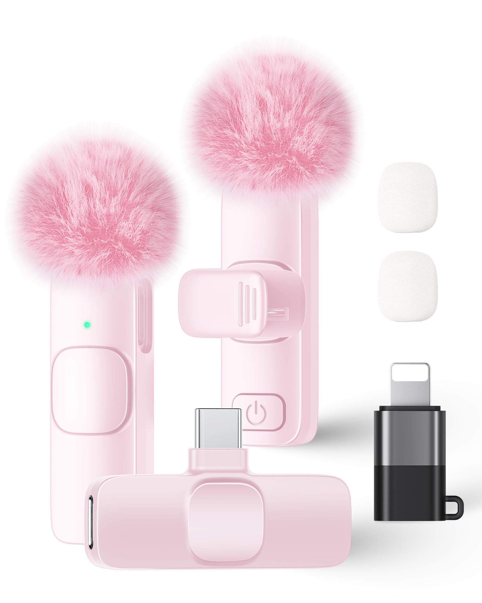 Wireless Lavalier Microphone for iPhone iPad and Android Phone, 2 Pack Lapel Mic Plug and Play Wireless Mic Noise Reduction Microphone for Video Recording Interview Podcast Vlog YouTube Tiktok (Pink)