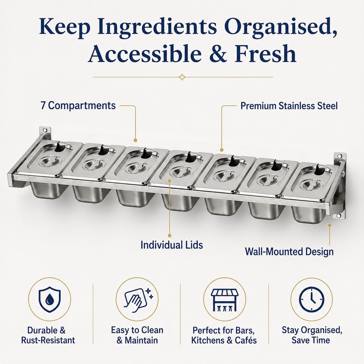 Estante de Condimentos de Acero Inoxidable Montado en Pared con Tapas, 3/4/5/6/7 Compartimentos, Bandejas Extraíbles para Salsas, Frutas, Toppings, Guarniciones, Bar