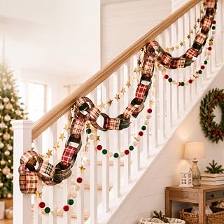 Eaasty 504 Pcs Christmas Garland Plaid Paper Chain Gold Star Pom Pom