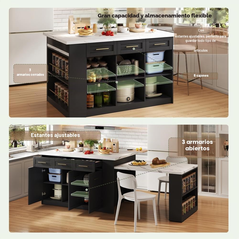 Isla de cocina multifuncional con mesa de comedor blanca extensible (150 cm + 96 cm), isla de cocina central con muebles de almacenamiento integrados, encimera de madera efecto mármol (negro)