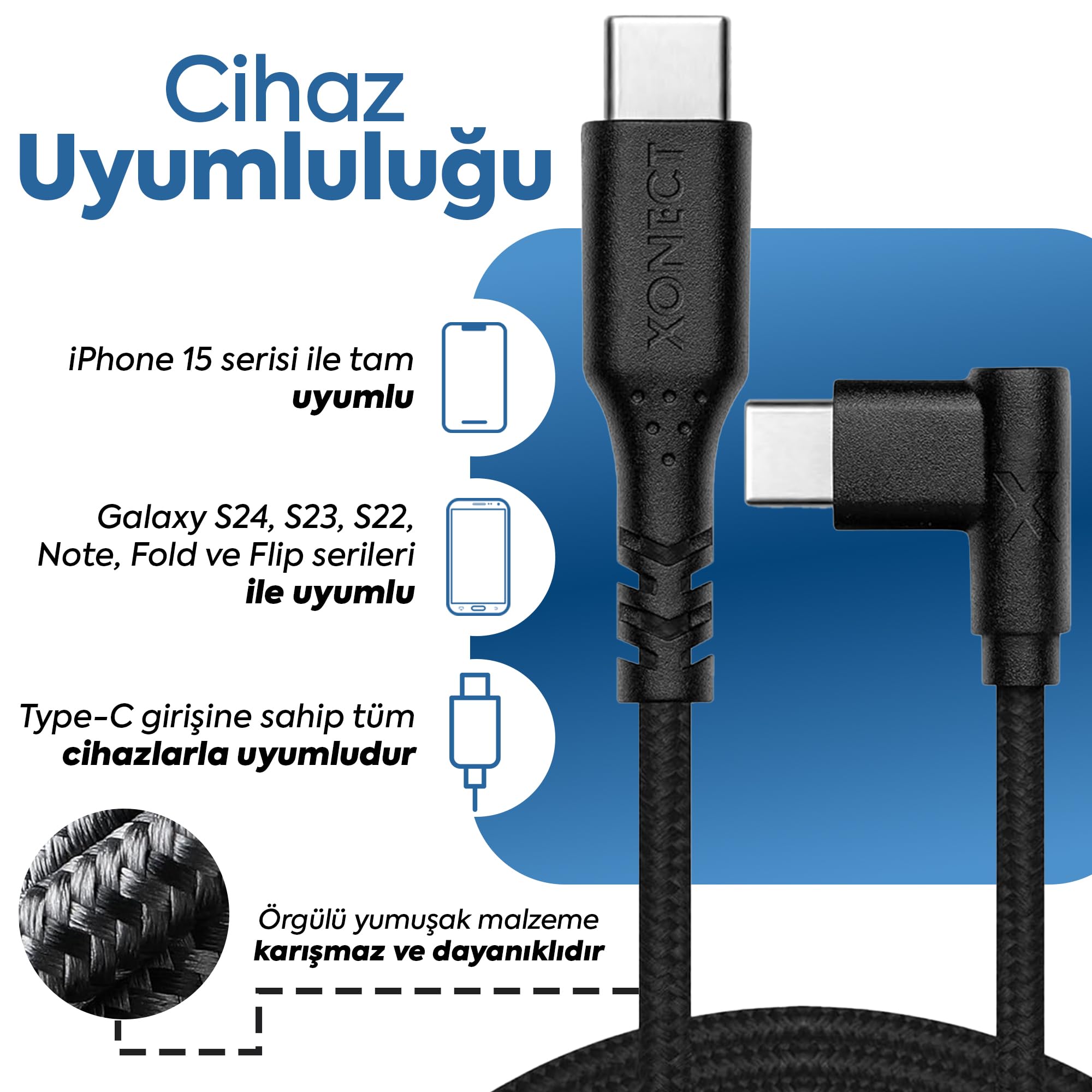XONECT Type-C to Type-C ile Uyumlu iPhone ve Samsung ile Uyumlu Hızlı Şarj ve Data Kablosu 100 cm L Tipi Gaming Hasır Örgülü (Siyah)