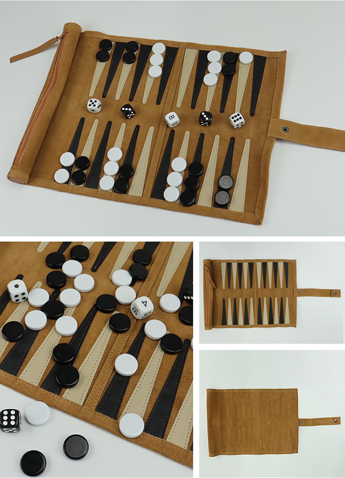 ELLENNE - BACKGAMMON EN CUIR VRAI AVEC COUTURE À LA MAIN - PORTABLE DE VOYAGE ENROULABLE