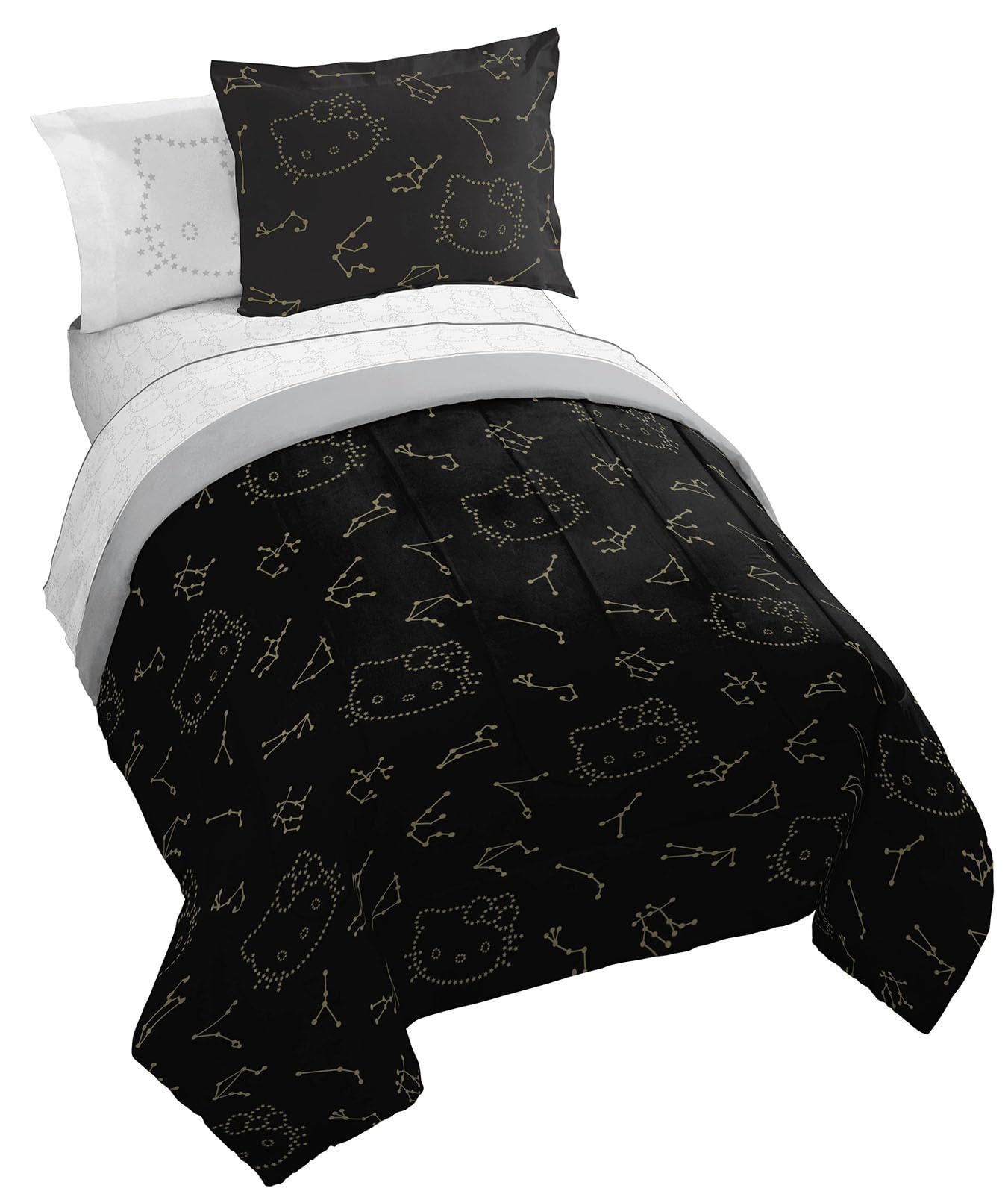 Jay Franco Hello Kitty Stars Full Comforter Set - 7 Piece Bedding Includes Sheet Set & Pillow Covers - Super Soft Zodiac Black & Gold Bedding
