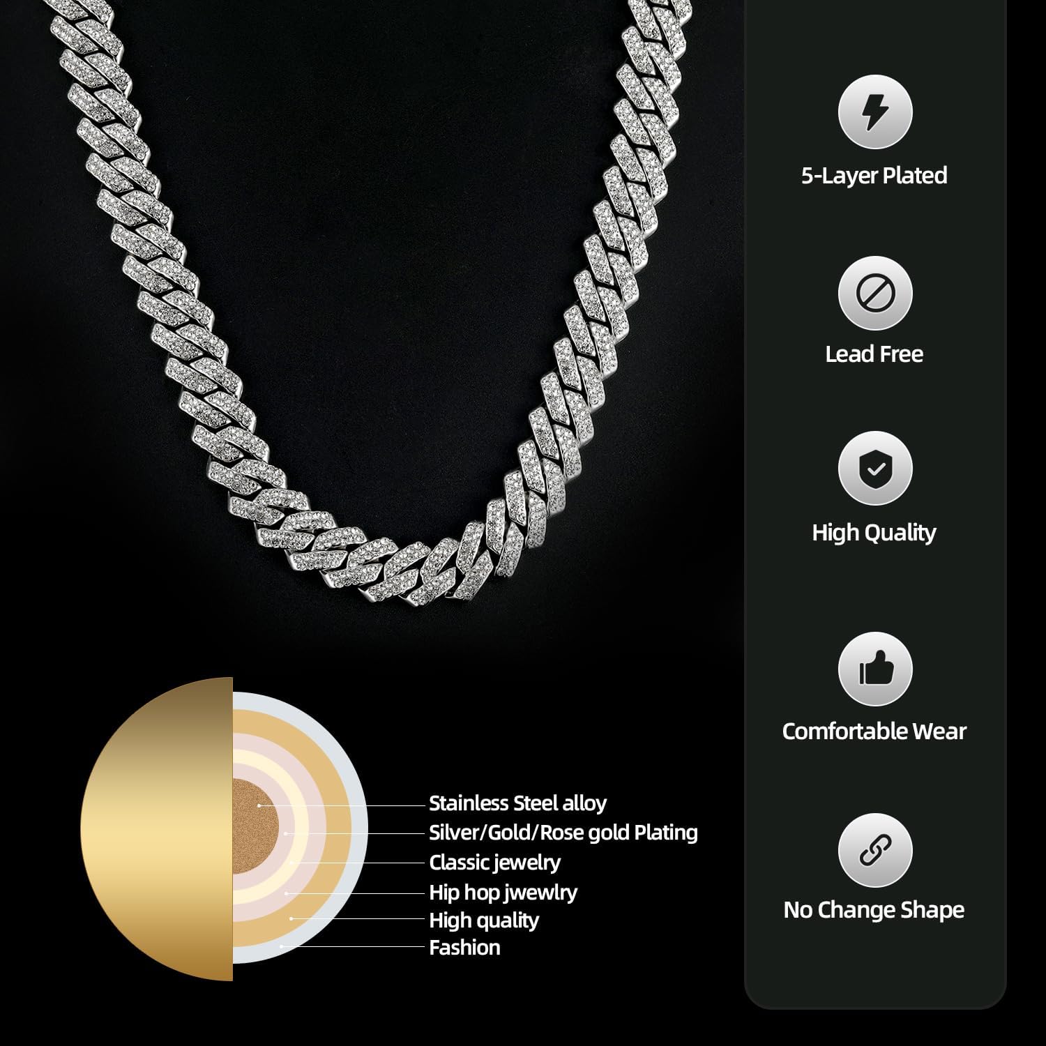 Mens Cuban link Chains Iced Out Miami Cuban Necklace Bling Diamond Hip Hop Jewelry for Men Women 13mm Silver/Yellow Gold/Rose Gold - Image 4