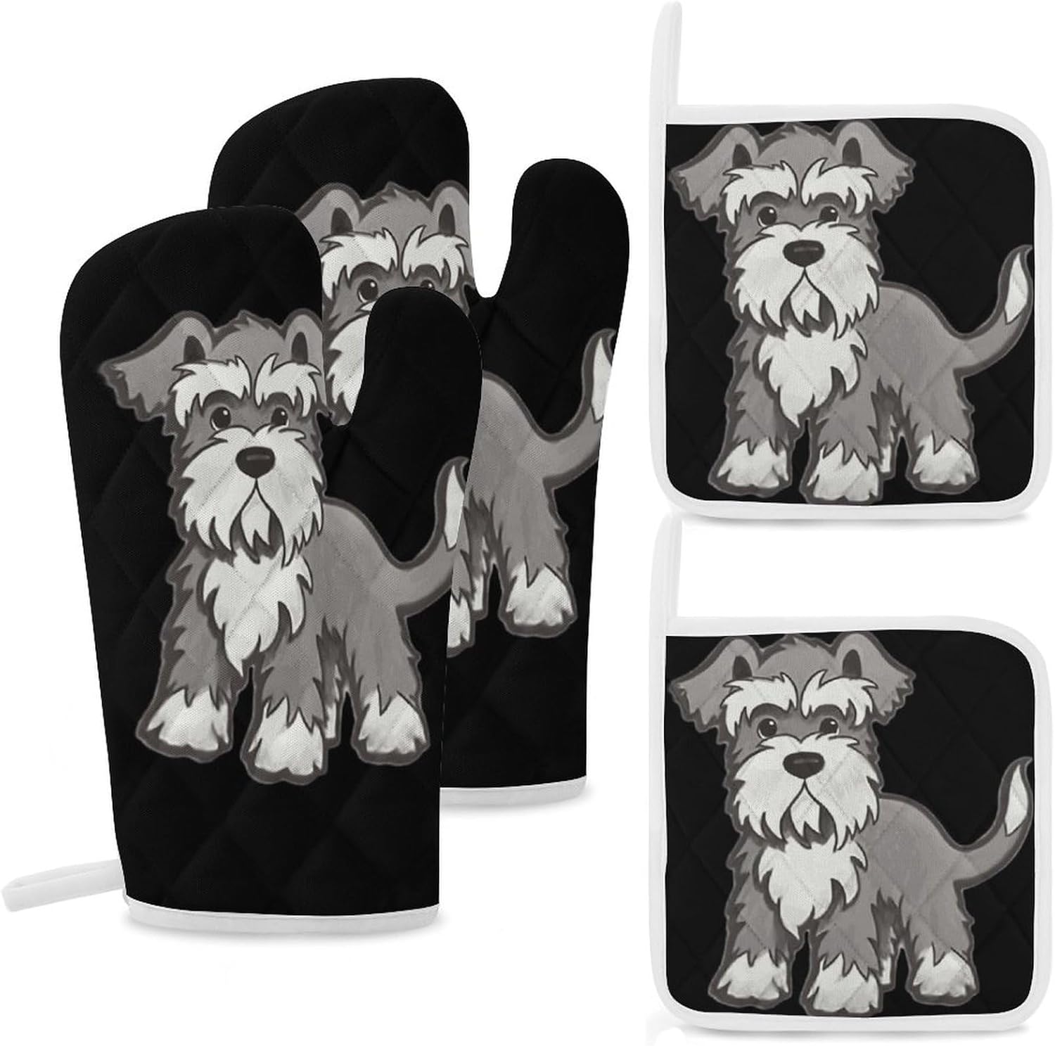 Schnauzer Dog 4 Pcs Oven Mitts and Pot Holders Set High Heat Resistant Long Kitchen Oven Glove Potholders