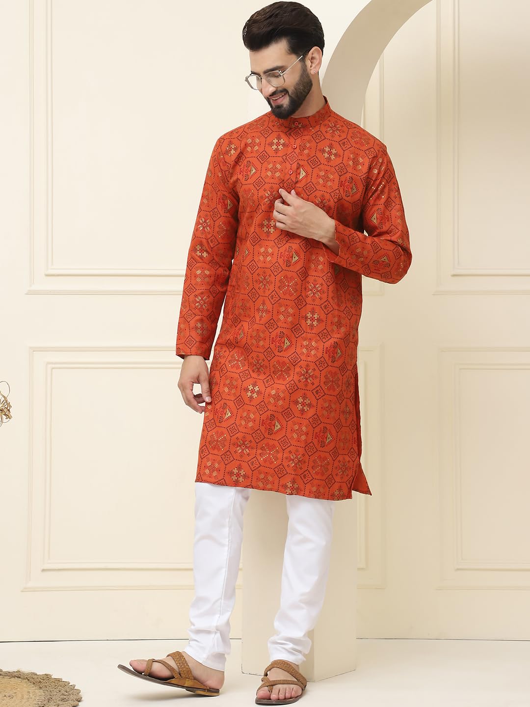 Sojanya (Since 1958 Men's Cotton Blend Orange Printed Kurta And White Churidar Pyjama Set