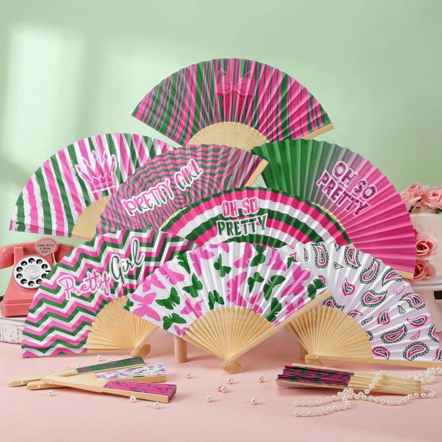 Wenqik 24 Pcs Pink and Green Sorority Folding Fans African American Sister Gift Dancing Paper Foldable Hand Fan for Women Sisterhood Events Sorority Party Favors Decoration