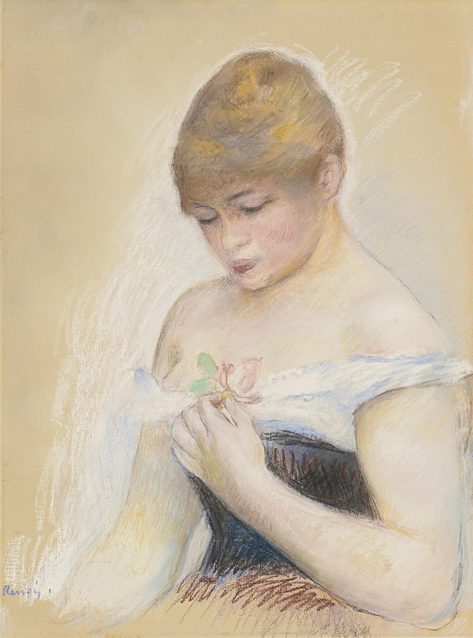 SERENDIPITP Vintage Wall Art Canvas Nordic Poster Canvas Print Picture Young Woman Holding a Flower Portrait of the Actress Jeanne Samary by Pierre Auguste Renoir for Home Decor 60x90cm