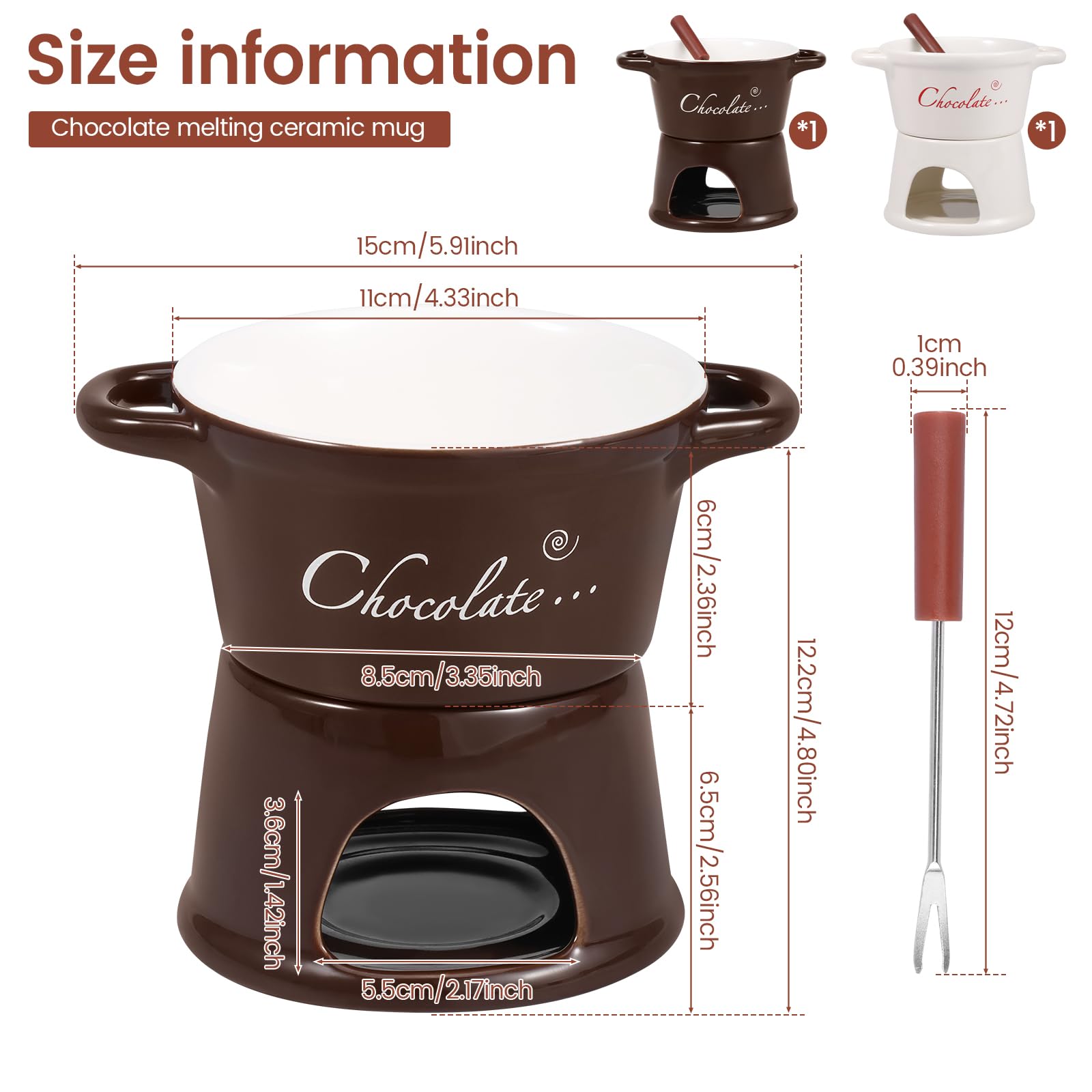 2 Pièces Tasse à Fondue au Chocolat, 300ml Services à Fondue au Chocolat avec Fourchettes- Mug Fondue au Chocolat en Céramique - Tasse Chauffante pour Chocolat et Fromage Bonbons Cadeaux
