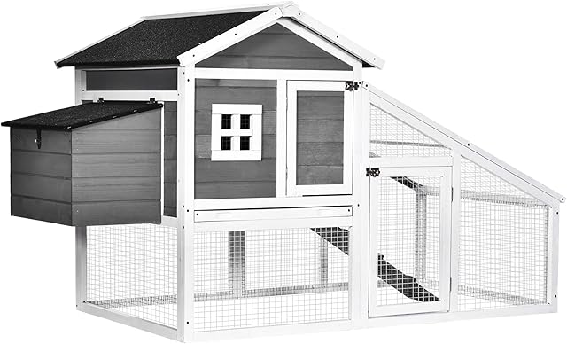 PawHut Chicken Coop with Run Backyard Wooden Hen House Poultry Coops Cages with Nesting Box Ramp Sliding Tray Outdoor Grey for 2-3 Chickens 175.4 x 95.5 x 100cm