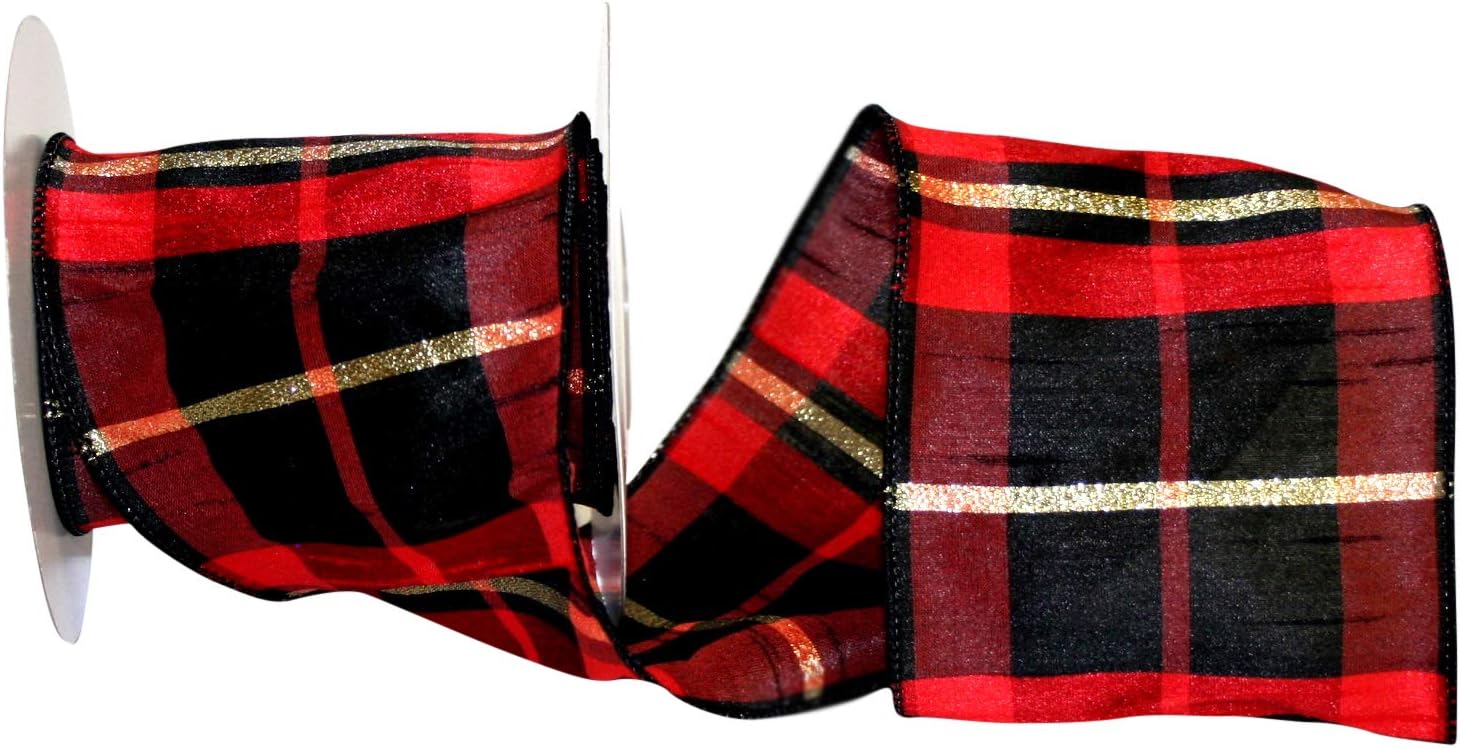 Reliant Ribbon Buffalo Dupioni Metallic Plaid Wired Edg Ribbon, 4 Inch X 10 Yards, Red/black