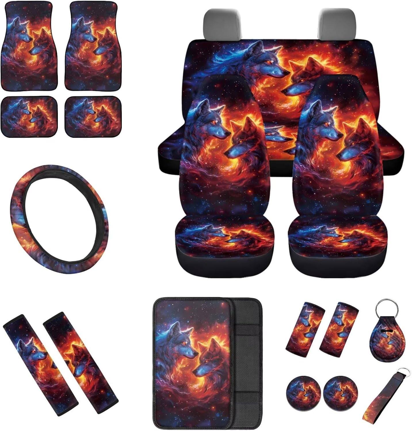 18 Pcs Flame Wolf Print Car Seat Covers Full Set Car Accessories Set Auto Steering Wheel Cover Floor Mats Armrest Pad Covers Seat Belt Pads Handle Wraps Cup Coaster Keychain