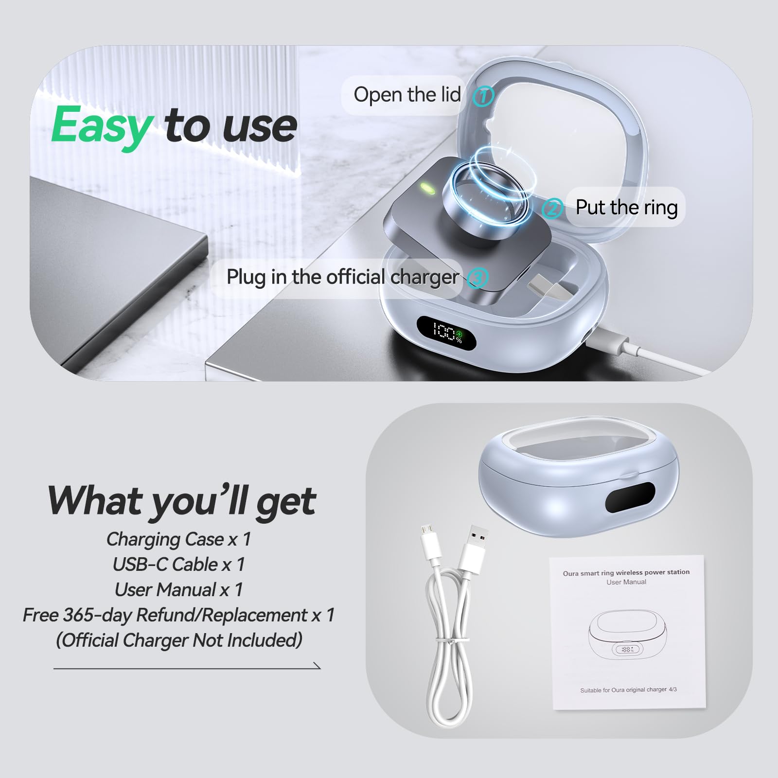 Tensea Tragbares Ladegerät, kompatibel mit Oura Ring Gen 4 & Gen 3, 2000 mAh kabellose Powerstation, universelle Passform, 30-Tage-Laufzeit-Ladegerät-Zubehör (offizielles Ladegerät nicht im