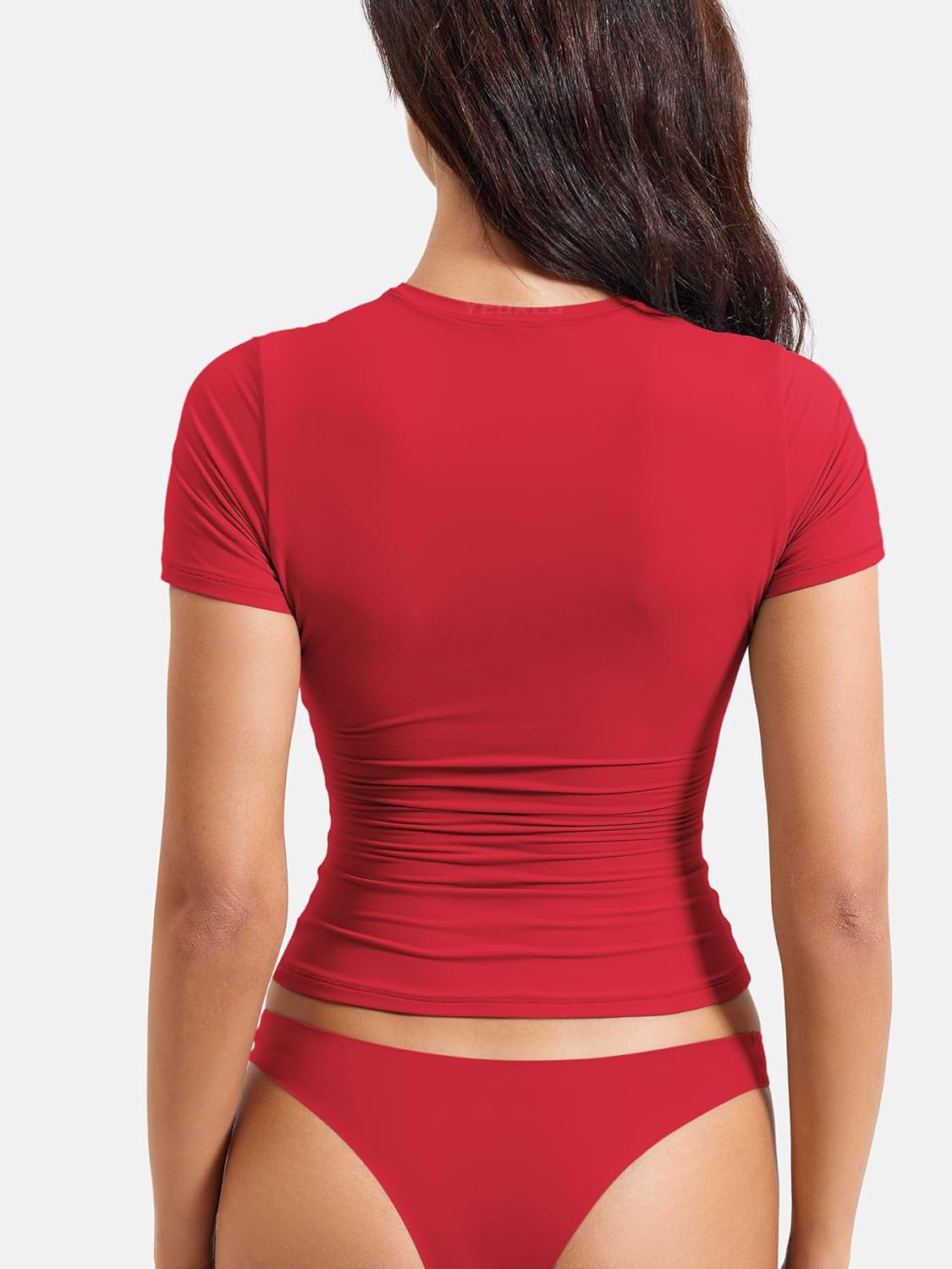 YEOREO Women Fitted Workout Tops Short Sleeve Double Lined Basic Y2K Going Out Crew Neck Compression Crop Top - Image 4