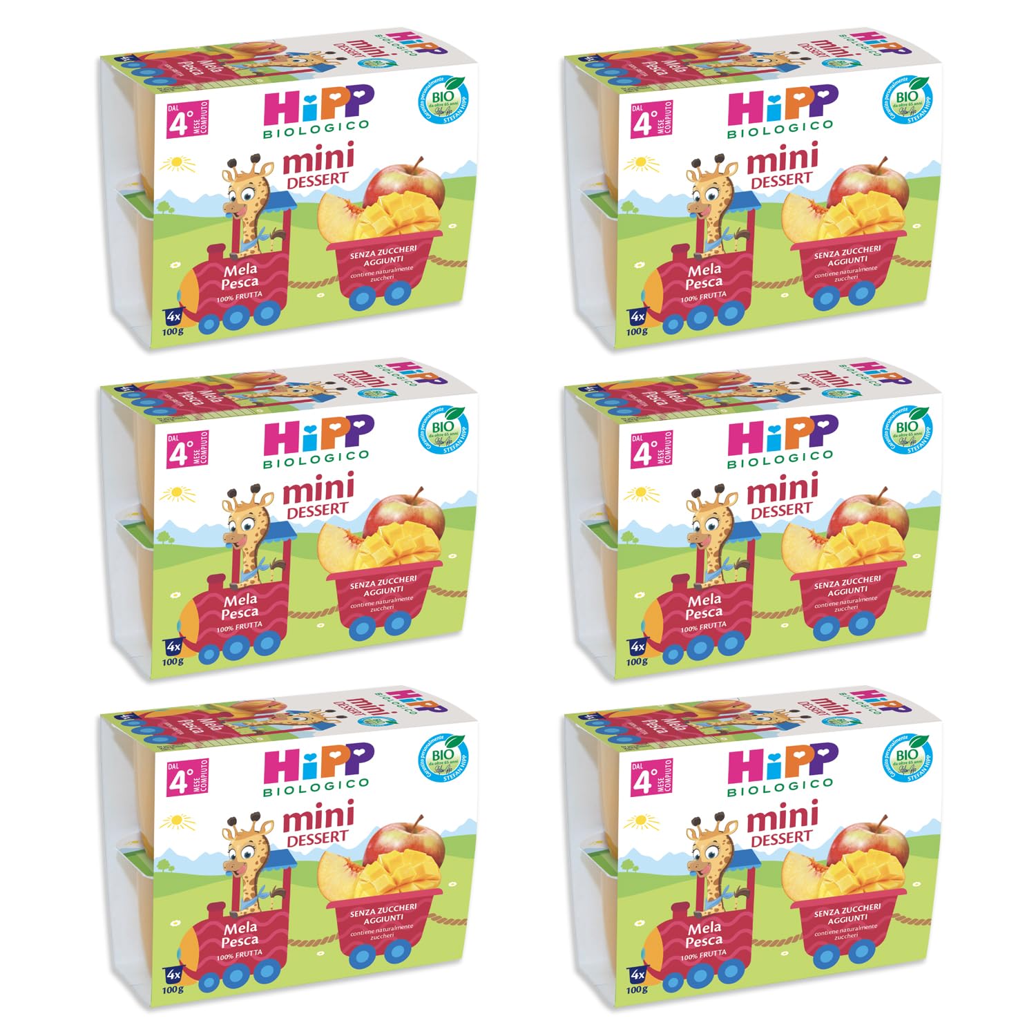 HiPP - Nuovi Mini Dessert, Frutta Grattugiata Bio, Gusto Mela e Pesca,Confezione da 24 Vasetti da 100 g