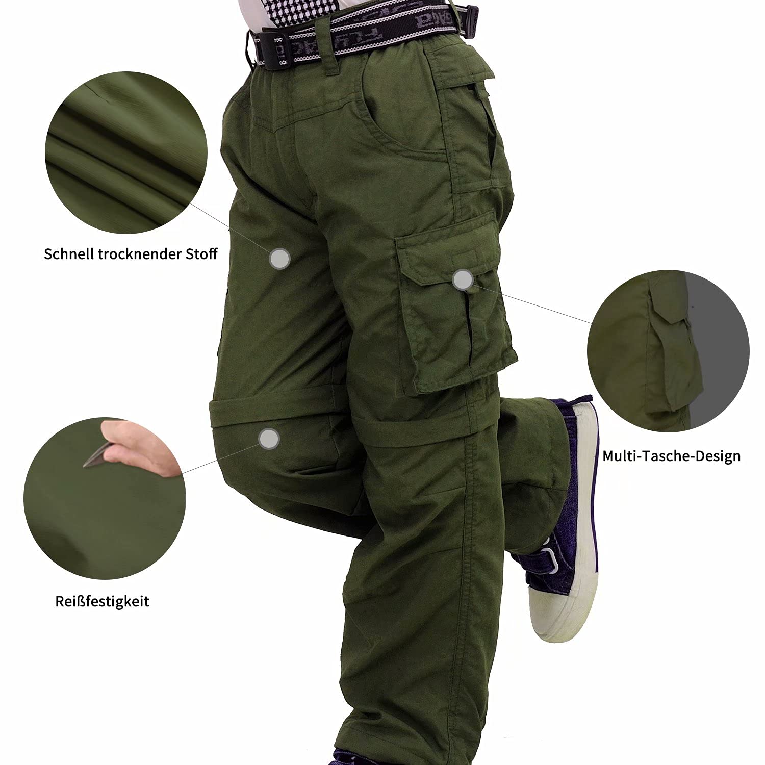 FLYGAGA Pantalones al Aire Libre para niños Senderismo con Cremallera Pantalones Cortos de Pierna Desmontables Trekking Unisex Chicas jóvenes de Verano con cinturón Transpirable de Secado rápido