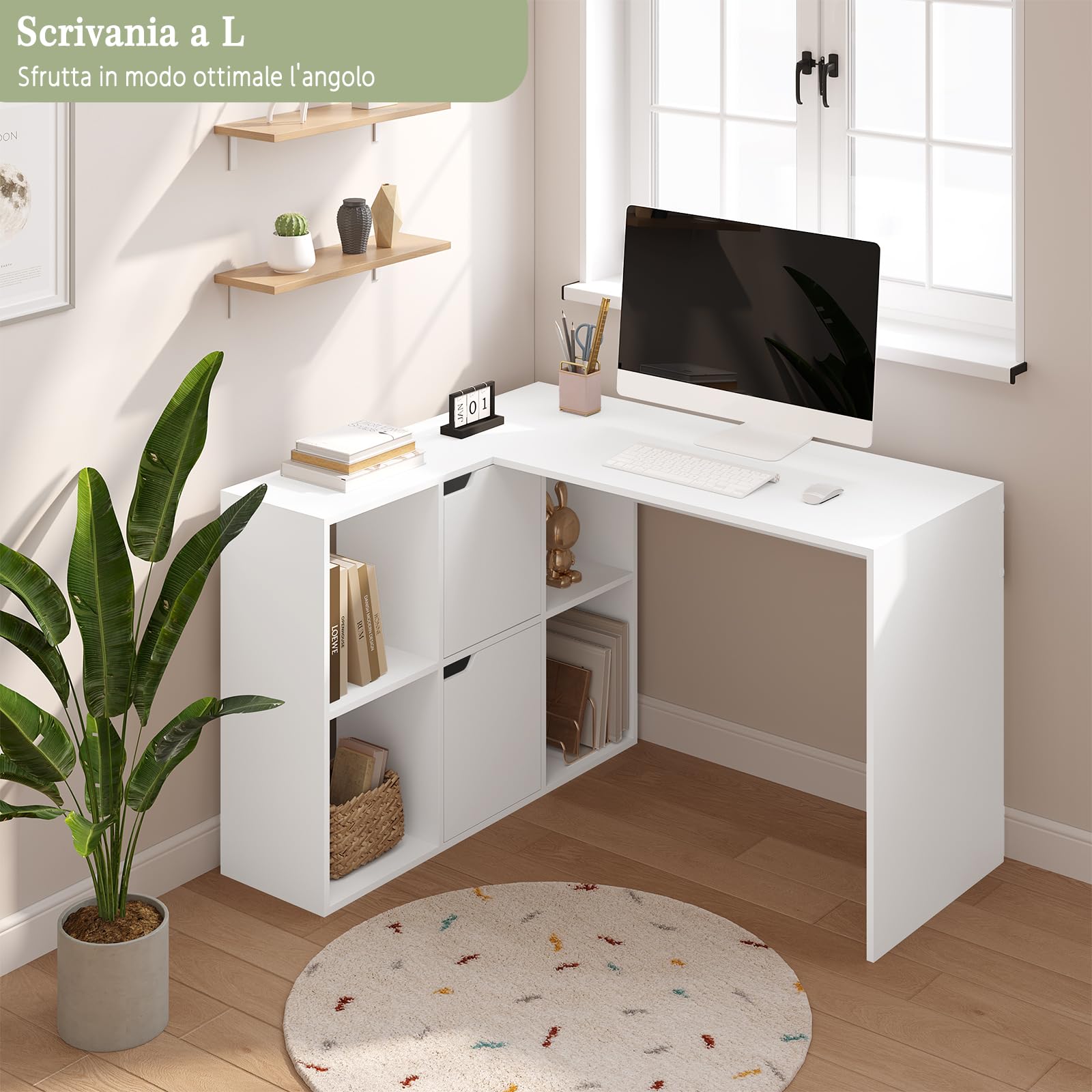 eSituro Scrivania Angolare a L con Libreria, 120 x 100 cm, Bianca | 4 Scomparti Libreria, 2 Armadi, Doppio Piano, per Computer e Studio