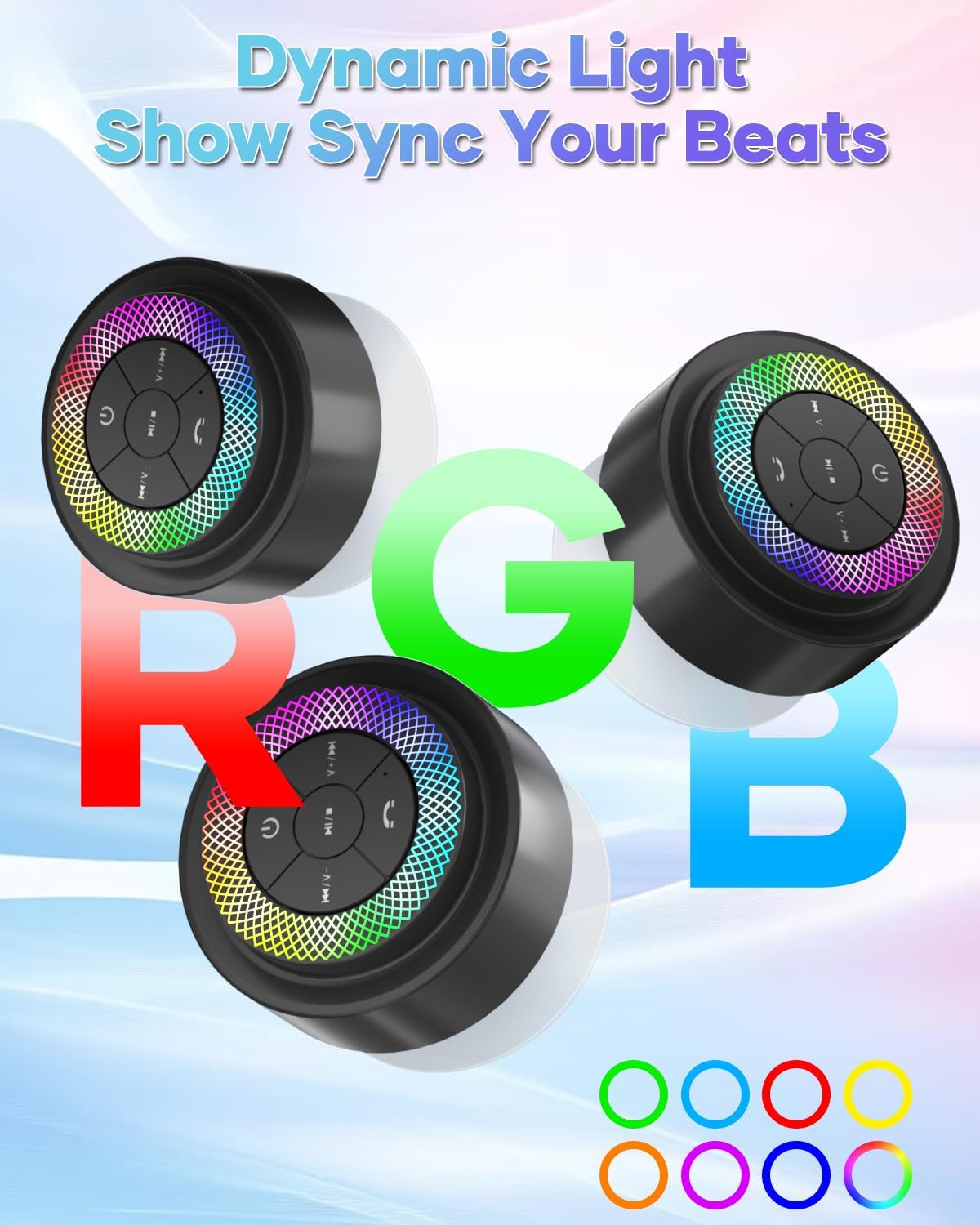 Bluetooth Shower Speaker, IP67 Waterproof Portable Speakers with Suction Cup, Lights Show, Built-in Mic, Mini Speaker for Bathroom Travel Pool Beach, Gift Ideas for Christmas - Image 3