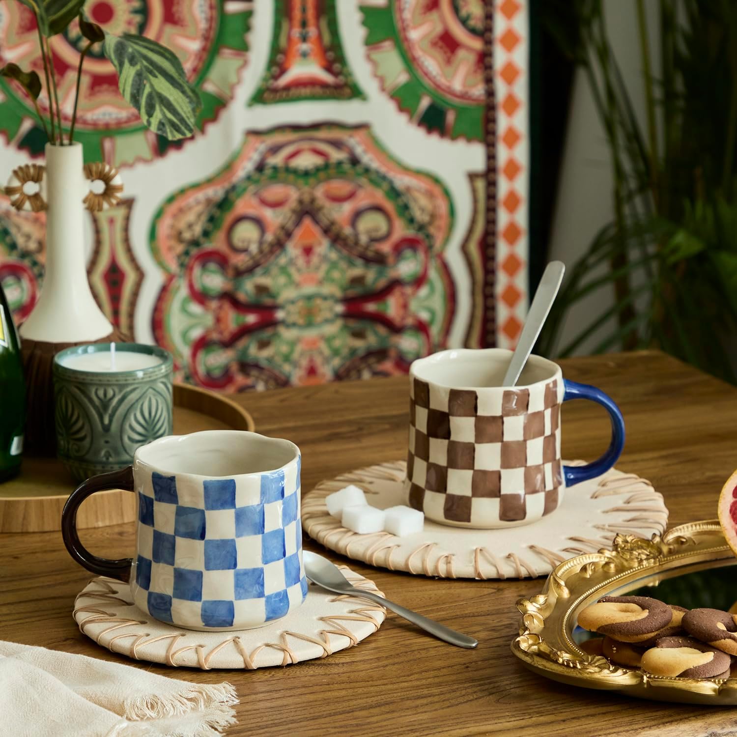 Retro Checkered Ceramic Coffee Mug 16Oz - Extra Large Handle, Microwave Safe Vintage Patterned Tea Cup for Home-2pack