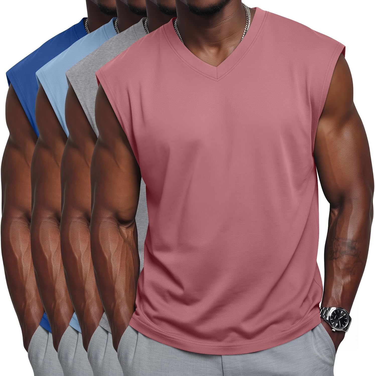 August Alley 4 Pack Mens Big and Tall Tank Tops V Neck Sleeveless T Shirts Cut Off Muscle Shirts Gym Workout Tee
