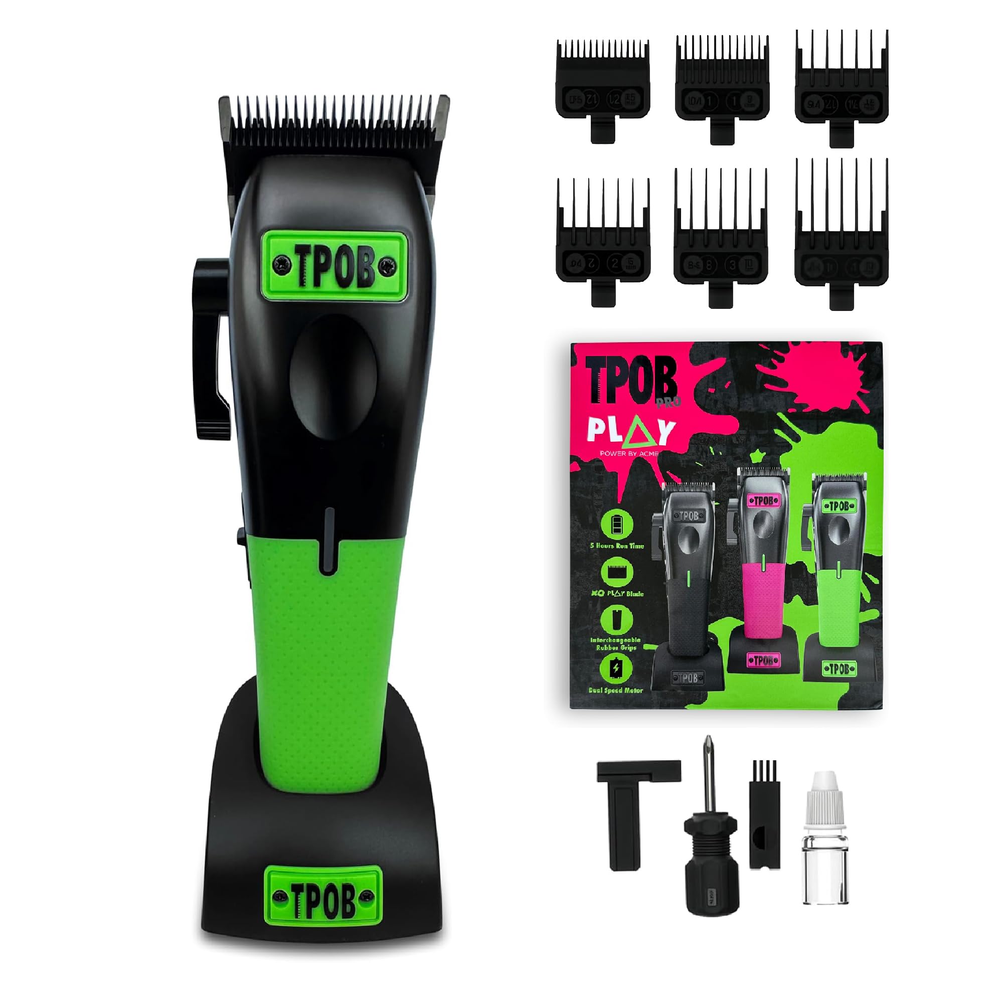 TPOB Play Barber Hair Clippers for Men 7500 RPM with Rubber Green/Black/Pink Grips (Black)