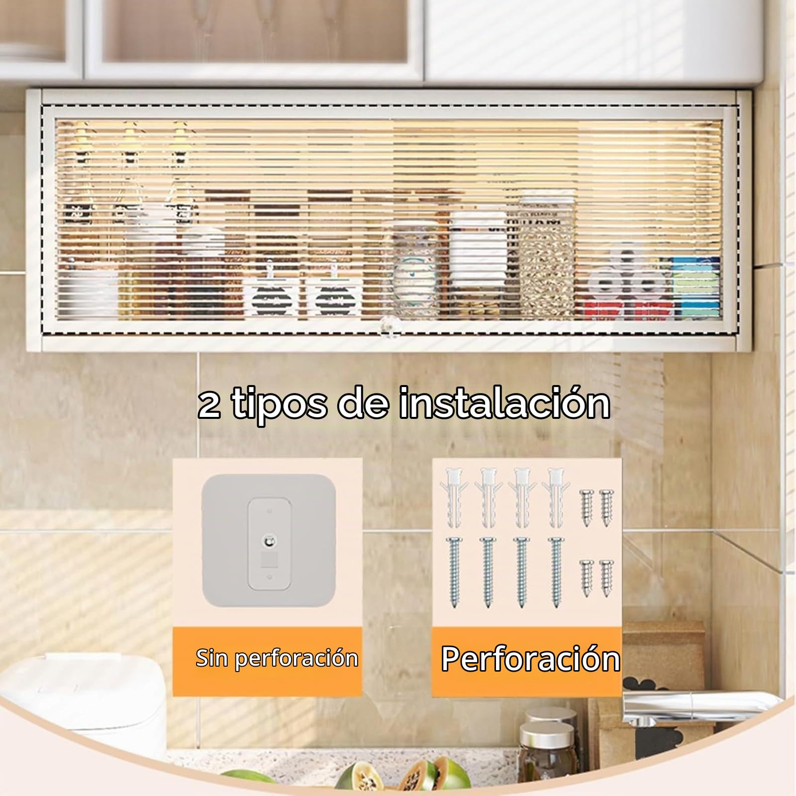 Especiero de cocina, armario de almacenamiento de pared, armario de almacenamiento de utensilios de cocina de gran capacidad, sin perforaciones, con puerta abatible translúcida White,80