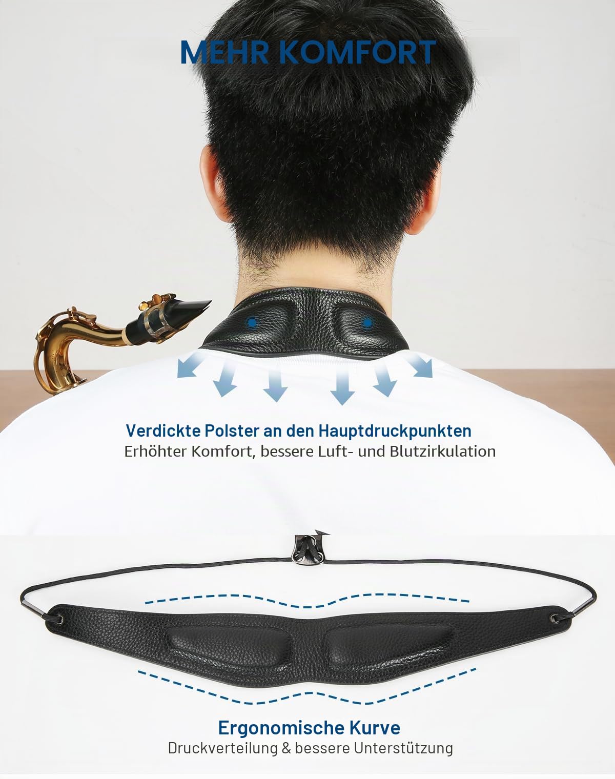 SGPRO Saxophon-Nackengurt mit verstellbarer Länge, ergonomische weiche Pads & Design - Robuster Sopran-, Tenor-, Altsaxophon-Gurt mit Metallversteller & Drehhaken, perfektes Saxophon-Zubehör Geschenk,