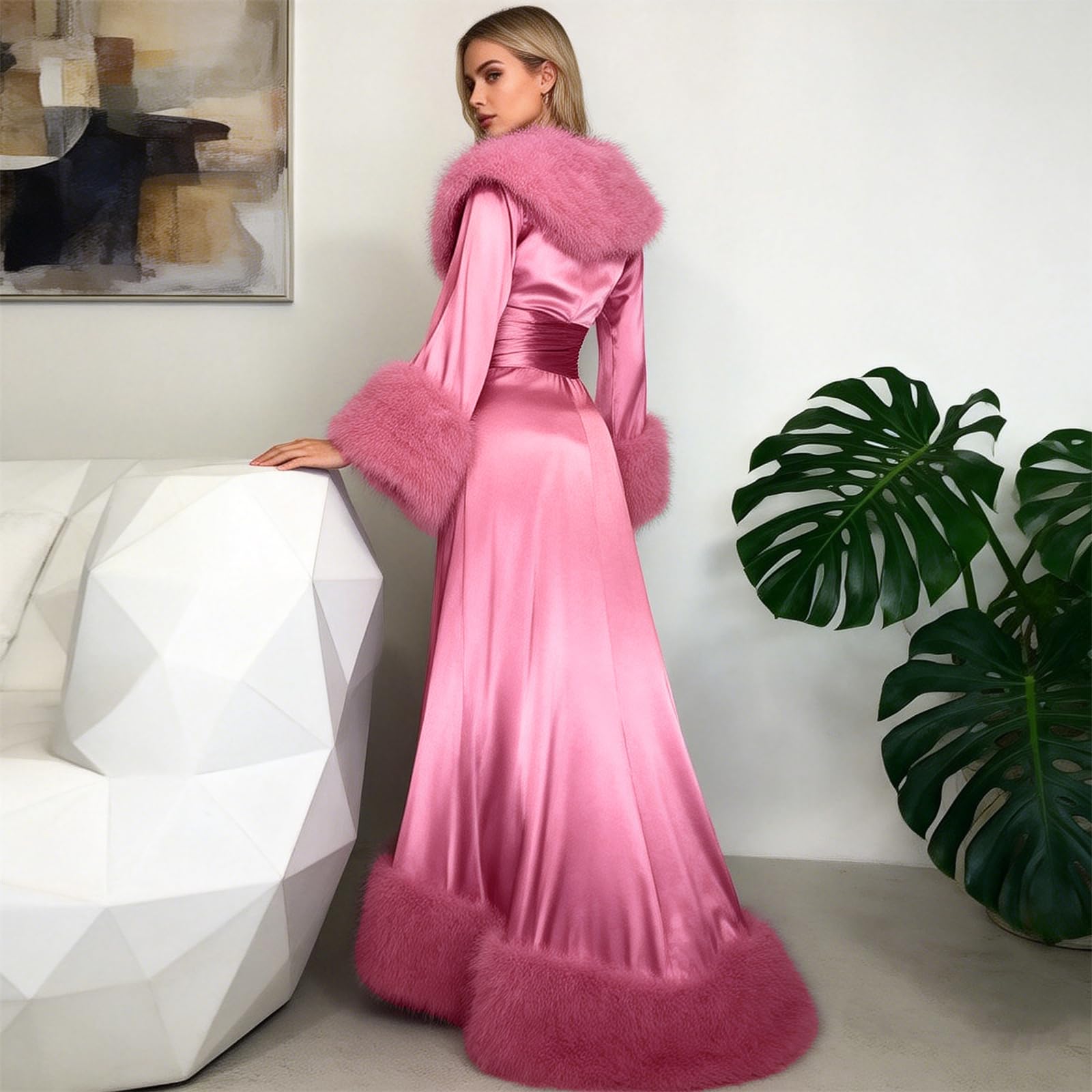Albornoz de satén para mujer, con ribete de piel, pijama de dama de honor, ropa de dormir suave y sedosa, bata de longitud completa para boda