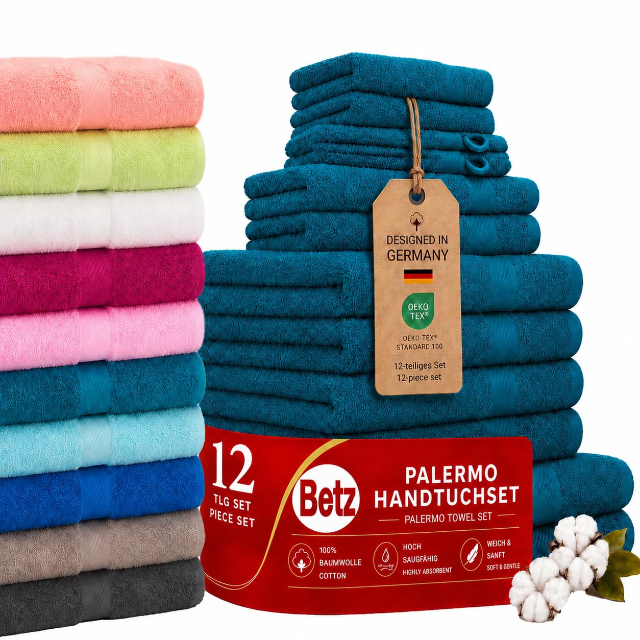 Betz Palermo Handtuch-Set 12-teilig – 100% Baumwolle – Oeko-TEX® Zertifiziert – extra saugfähig & weich – hohe Grammatur – Duschtücher, Handtücher, Gästetücher & Waschhandschuhe Farbe Petrol