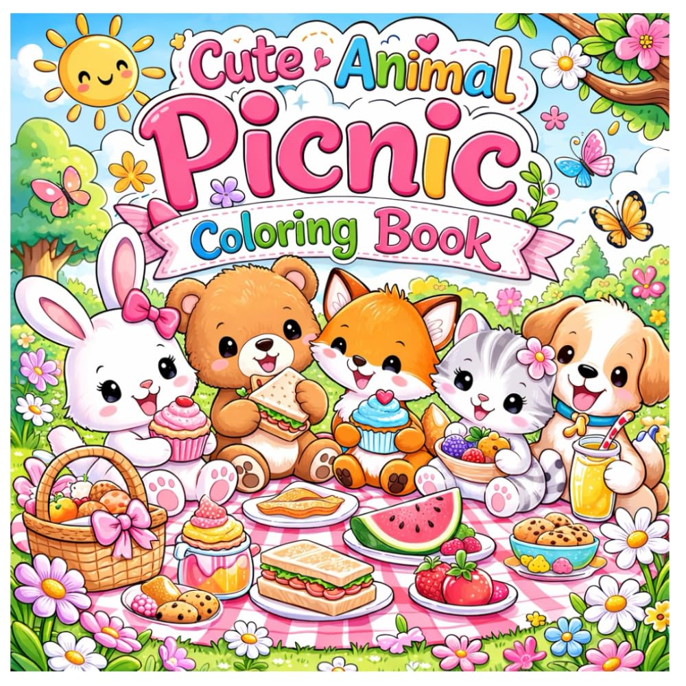 Cute Animal Picnic Coloring Book: Adorable Kawaii Animal Picnic Scenes – Fun and Easy Coloring Pages for Kids Ages 4-8, Relaxing Cute Animals Coloring Book for Boys and Girls