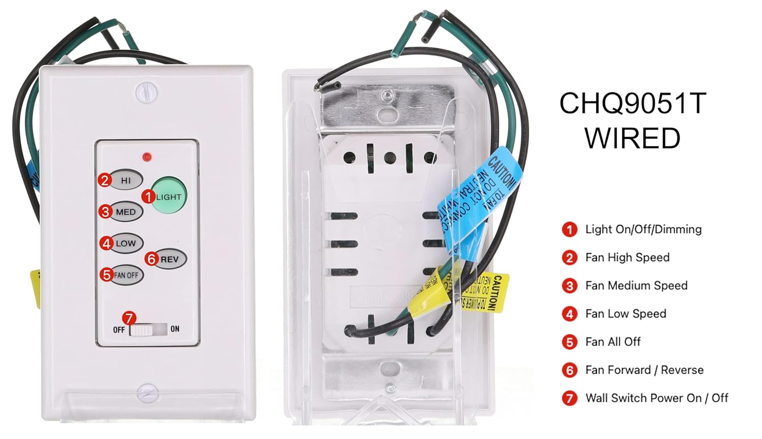 Anderic UC9051T Wired Wall Switch Ceiling Fan Remote Control | 3-Speed Fan, Light Dimmer, Reverse | Works with FAN28R, FAN18R, FAN30R, UC7067FMRX Receivers | Replacement for UC9050T