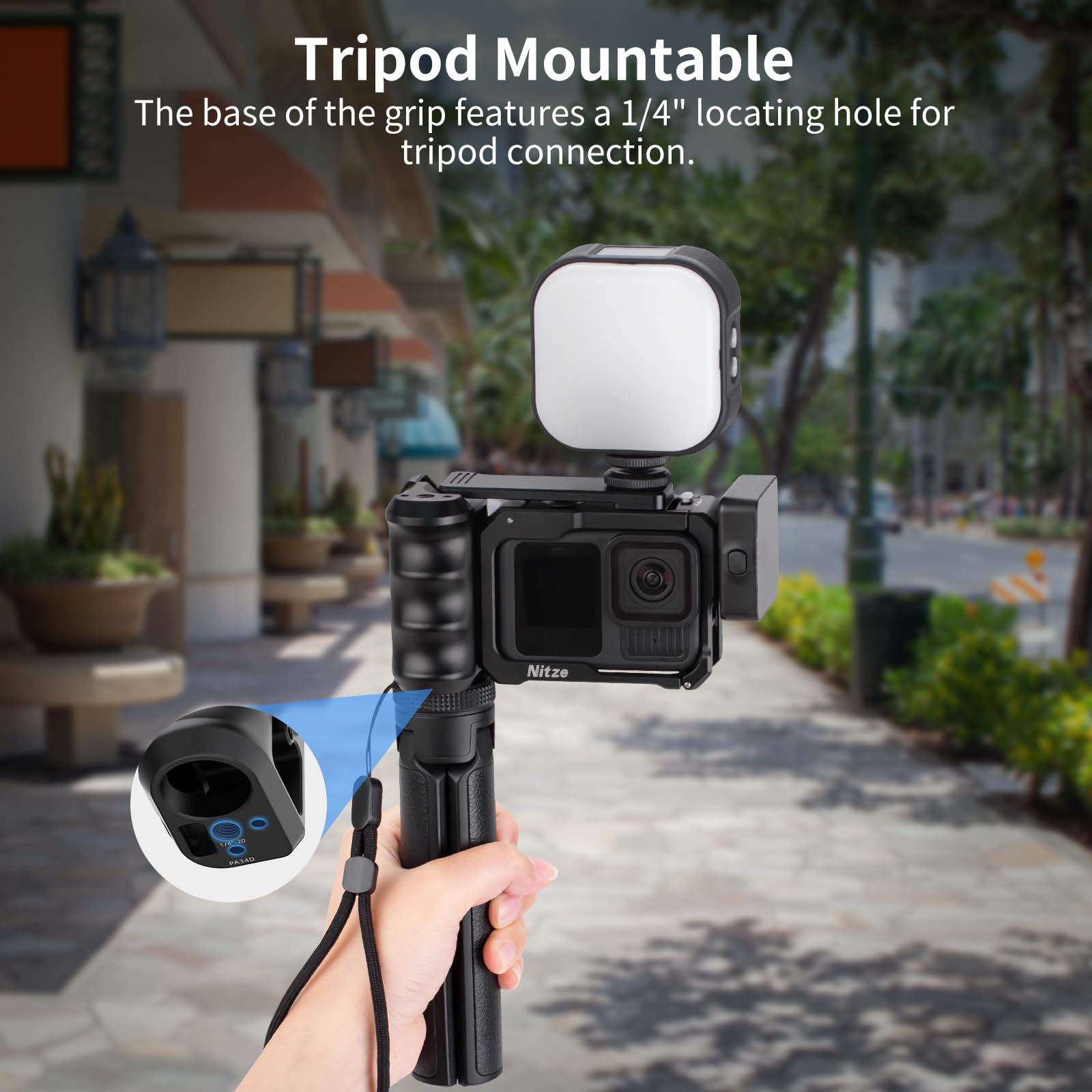 Nitze Gabbia Grip Kit per GoPro HERO13/12/11/10/9 Black, Cage Hero 13 con Impugnatura Laterale, Cold Shoe Shutter Button, Foro di Posizionamento da 1/4" per Treppiede, LED Light - T-GP03B
