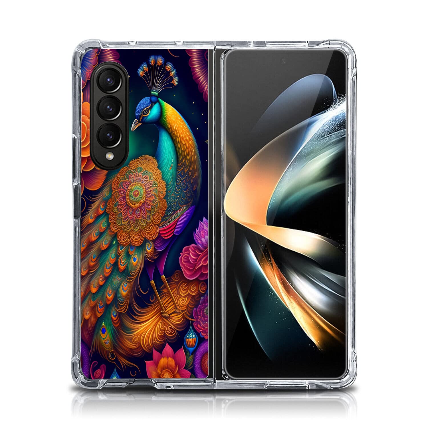 Beaucov Galaxy Z Fold 4 Case,Colorful Floral Peacock Mandala Drop Protection Shockproof Case TPU Full Body Protective Scratch-Resistant Cover for