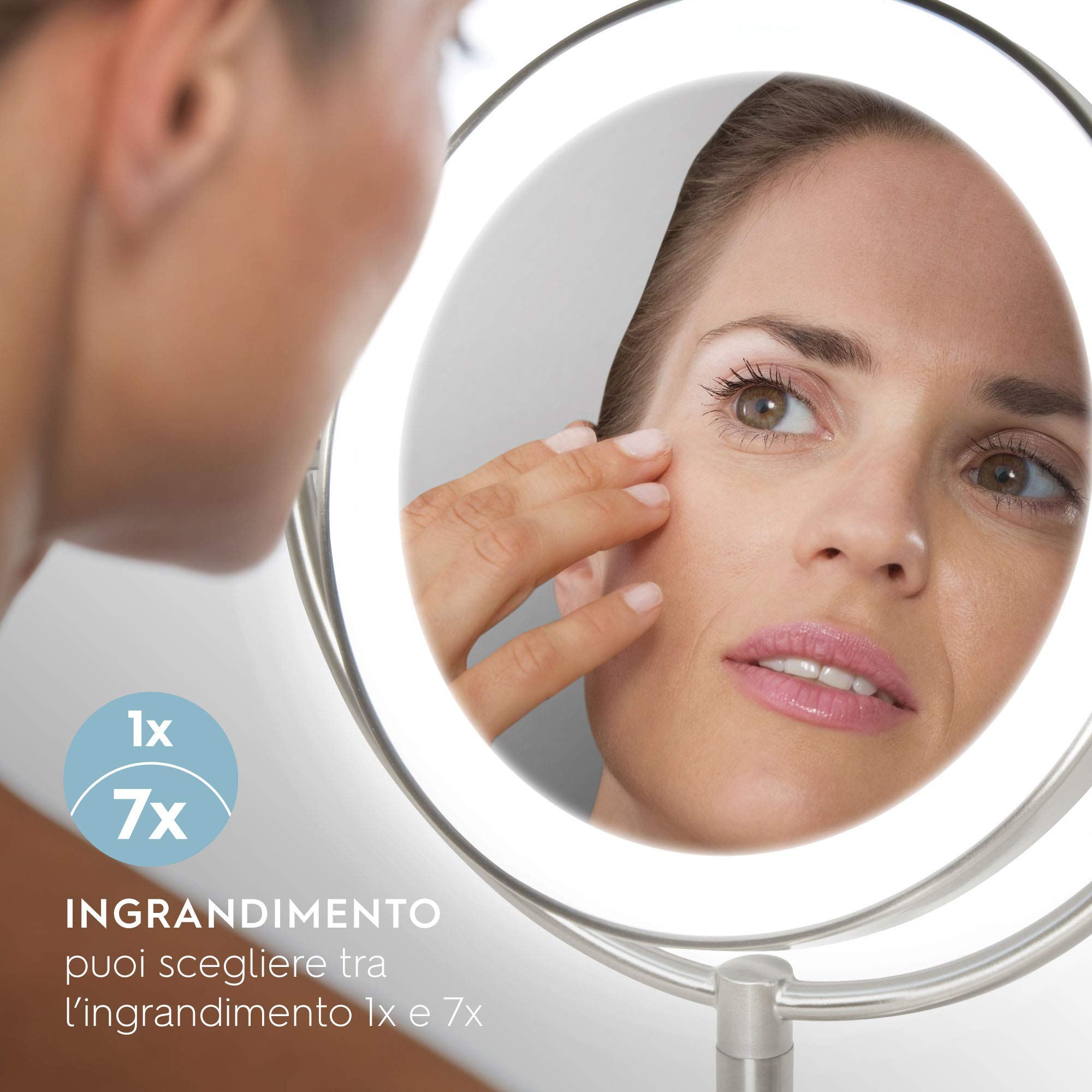 HoMedics Beauty Spa, Specchio Cosmetico per Trucco Illuminato con Luci LED, Specchio Double Face Rotante con Regolatore della Luce e Ingrandimento da 1X e 7X, a Batteria, 16.5x25x36.5 cm, Bianco