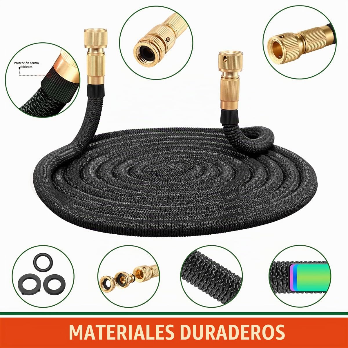 GARDEBRUK® Manguera de Jardín Extensible Flexible 22m 8 Funciones de Riego Adaptador 1/2' 3/4' Núcleo Látex Negro
