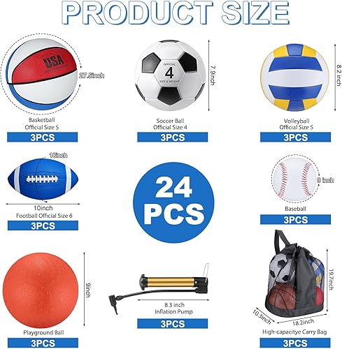 Miniatura 2 de Juego de 18 pelotas deportivas para niños y adolescentes, tamaño oficial, baloncesto, fútbol, voleibol, fútbol, parque infantil, béisbol, equipo