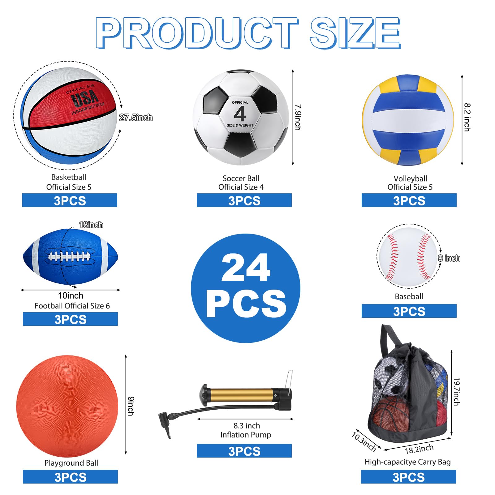 Leyndo 18 Piece Multi Sport Ball Set, Blue, White, Red