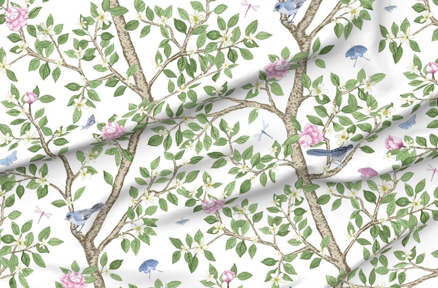 Spoonflower Fabric - Peony Chinoiserie Elegant Songbird Garden Watercolor Classic Printed on Chiffon Fabric Fat Quarter - Sewing Fashion Apparel Dresses Home Decor