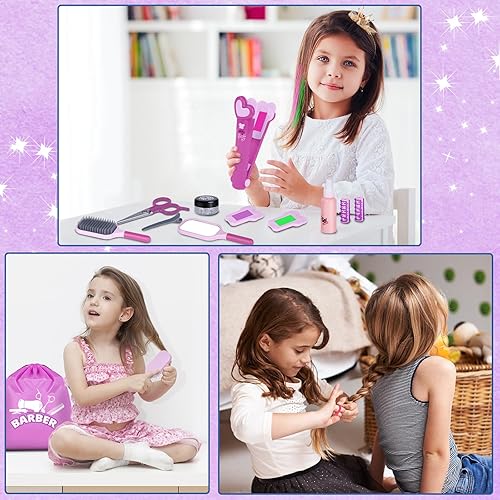 Miniatura 7 de Gifts2U Juguetes de peluquería para niñas, 26 piezas realistas para niñas, juego de salón de belleza con secador de pelo, delantal de disfraz de