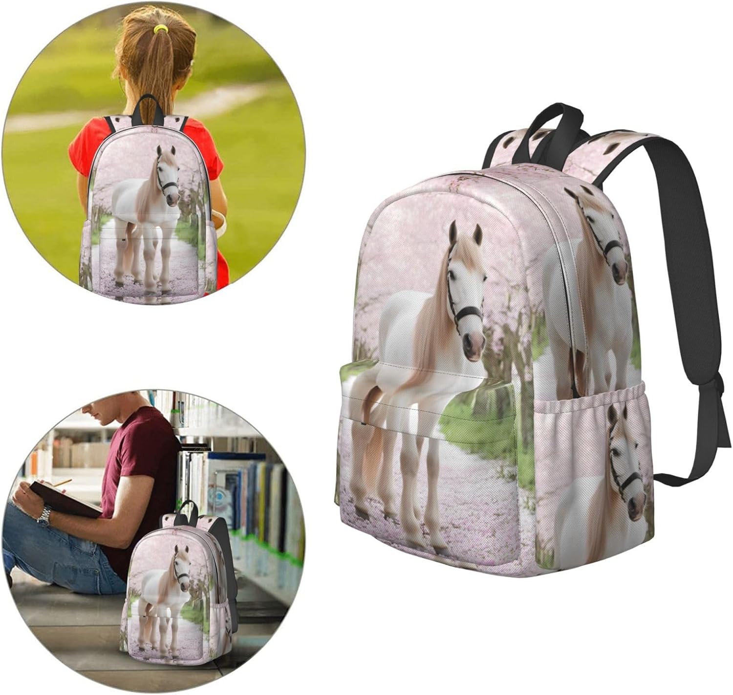 16 inch backpack 3D Animal White Horse Laptop Backpack Full Print School Bookbag Shoulder Bag for Travel Daypack
