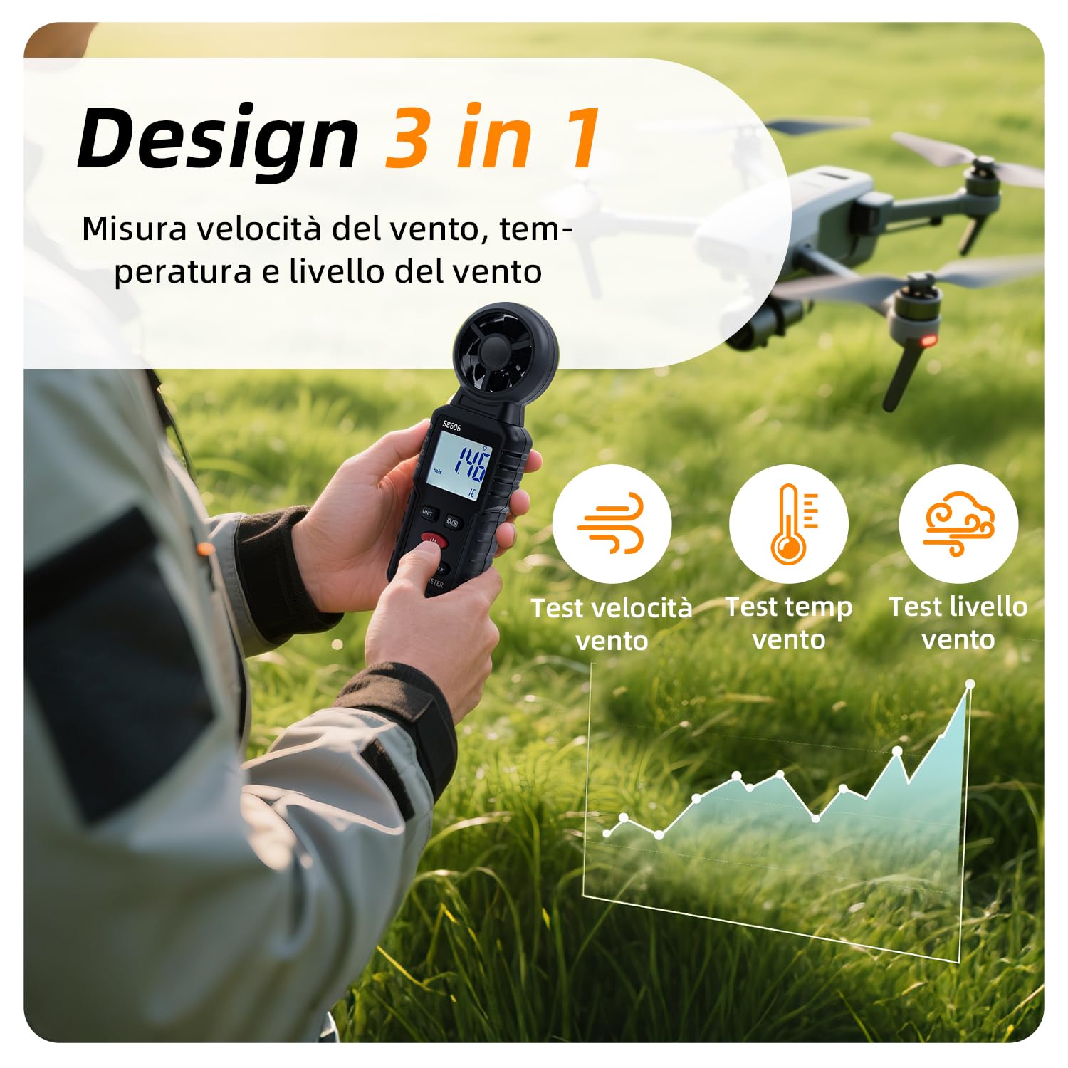 Anemometro Portatile 3 in 1 Misuratore di Velocità del Vento per Esterni Nela Surf Volo