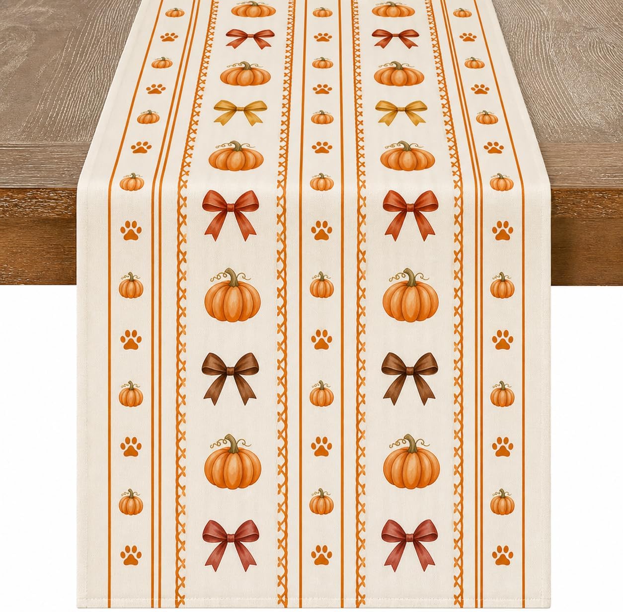 Thanksgiving Table Runner 13 x 72 Inch, Pumpkin Stripe Fall Table Runner Polyester, Autumn Harvest Maple Leaf Table Decor for Dining Room Kitchen Farmhouse Party