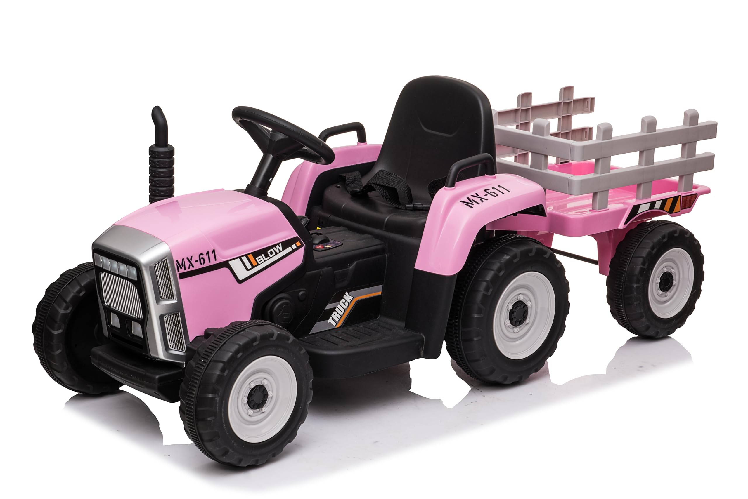 FINOOS 12V Tracteur Électrique Enfants avec Pelle & Remorque Amovible, Télécommande 2,4G, 2-6km/h, Rose