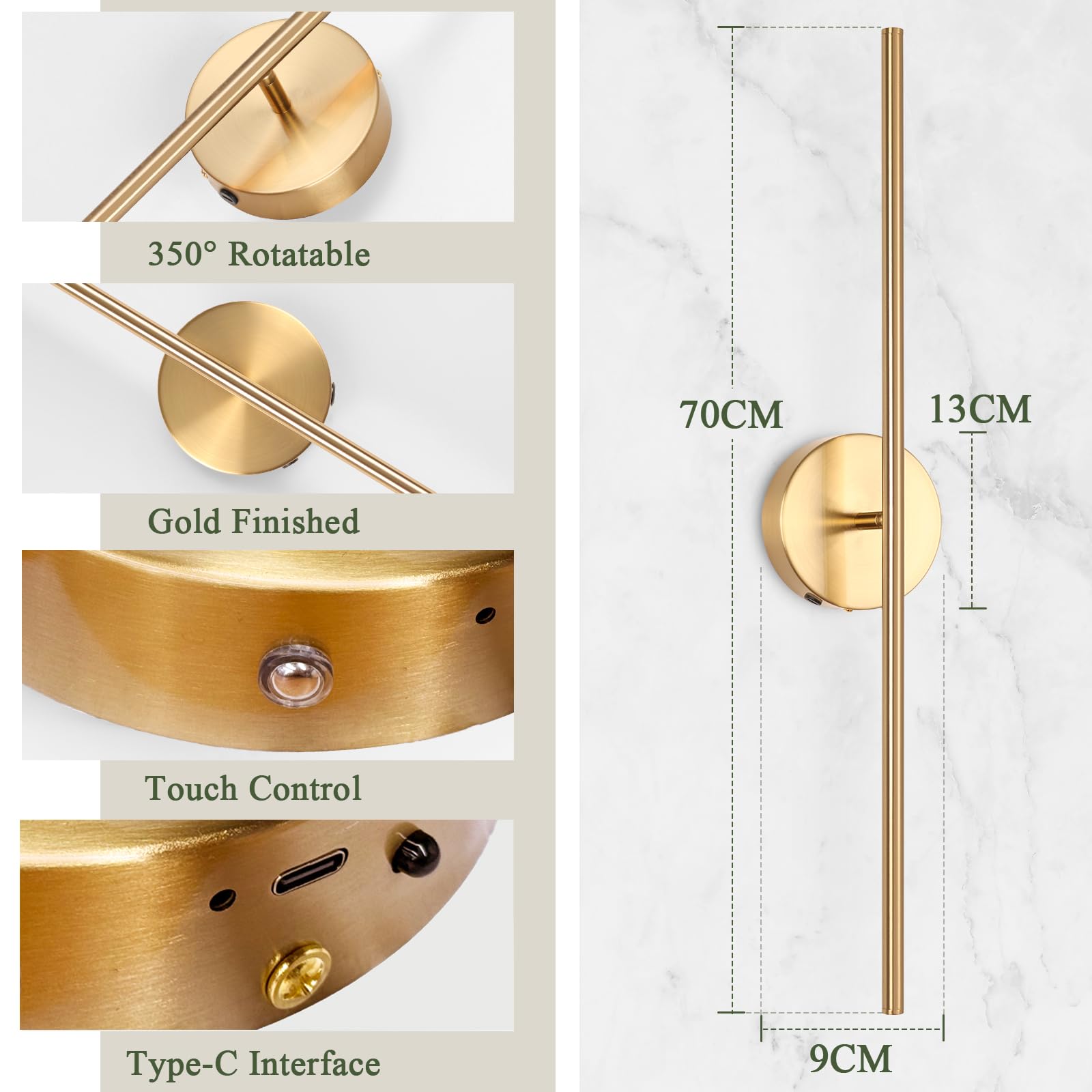 Akku Wandleuchte mit Fernbedienung innen, USB-C 10000mAh Dimmbar Touch Kabellose Wandleuchten, Gold Wandleuchte ohne Stromanschluss, Geeignet für Wohnzimmer, Schlafzimmer 70CM 2-Stück