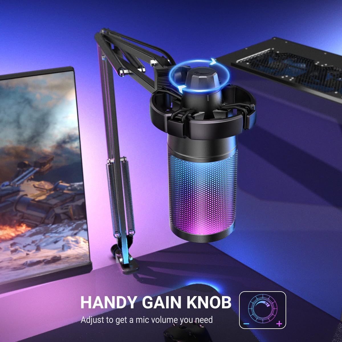 FIFINE Microfono USB per PC da gioco, microfono a condensatore podcast con braccio a braccio, filtro pop, pulsante mute per streaming, Twitch, chat online, microfono RGB per computer per PC Gamer