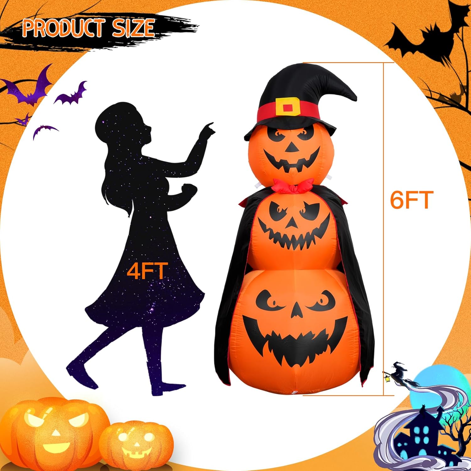 6FT Halloween Inflatables Stacked Pumpkins Decor with Witch’s Hat Halloween Blow Up 3 Pumpkins Built-in Led Light Pumpkin Inflatables Outdoors Yard Lawn Indoor Holiday Party
